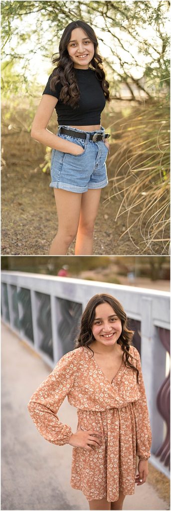 Kimberly Martindale Photography / Lifestyle Headshots / Gallatin TN Photographer / Scottsdale Phoenix Arizona / Black tee shirt Jean shorts / teenager / high school / orange floral dress