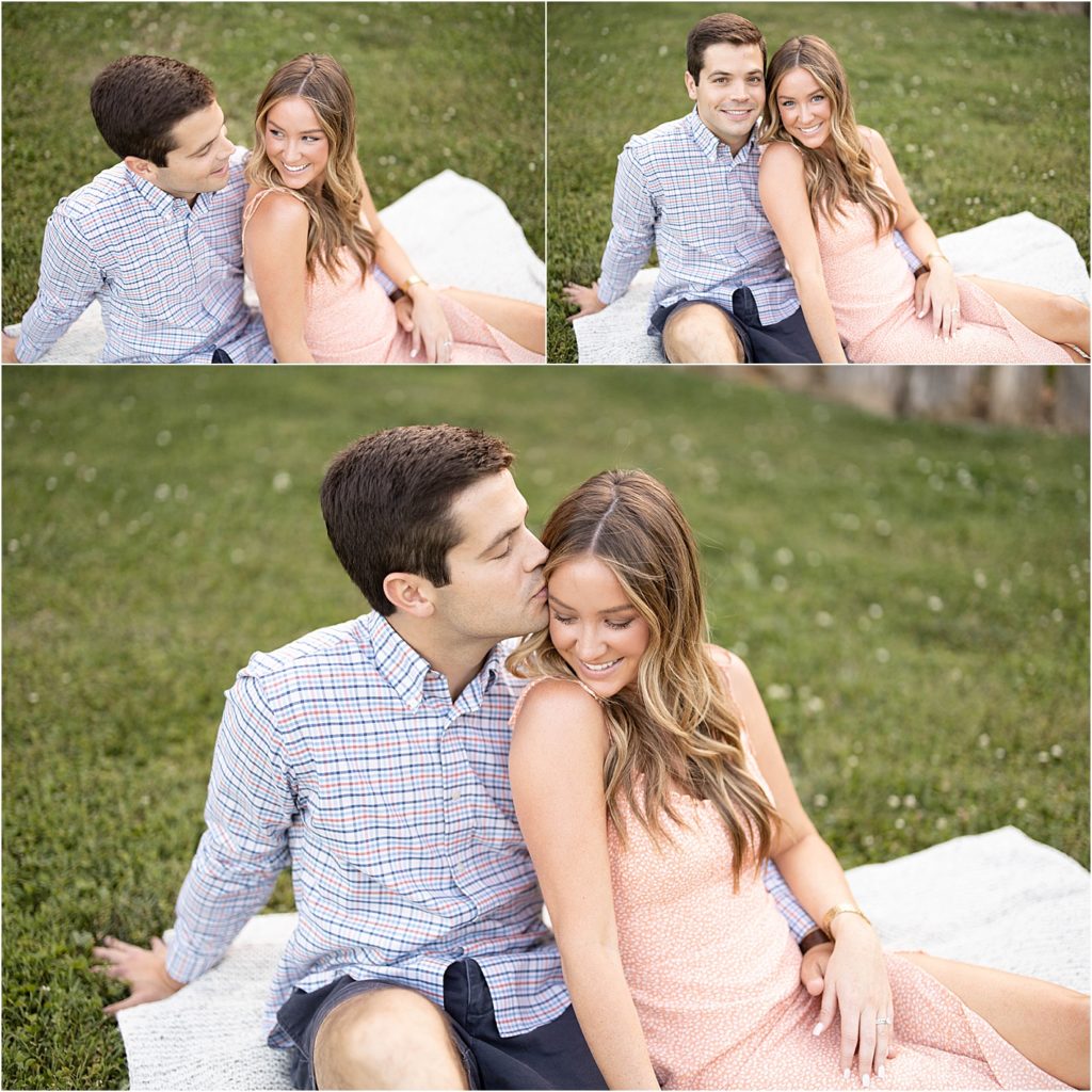couple in their late twenties sitting on a blanket in the park posing for pictures to show what could be captured in a mini session vs a full session photos taken by Kimberly Martindale Photography