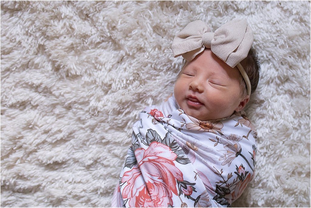 Kimberly Martindale Photography, In-Home Lifestyle Newborn Session, Nashville TN, Floral Swaddle, Taupe head-bow, baby, newborn photography, welcome home, family with dogs, Gallatin TN Photographer, Nashville TN Photographer