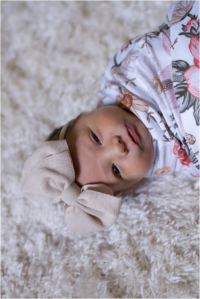 Kimberly Martindale Photography, In-Home Lifestyle Newborn Session, Nashville TN, Floral Swaddle, Taupe head-bow, baby, newborn photography, welcome home, family with dogs, Gallatin TN Photographer, Nashville TN Photographer