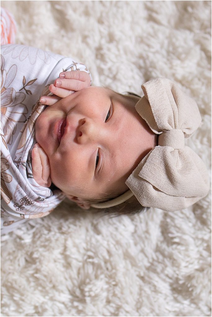 Kimberly Martindale Photography, In-Home Lifestyle Newborn Session, Nashville TN, Floral Swaddle, Taupe head-bow, baby, newborn photography, welcome home, family with dogs, Gallatin TN Photographer, Nashville TN Photographer, baby fingers