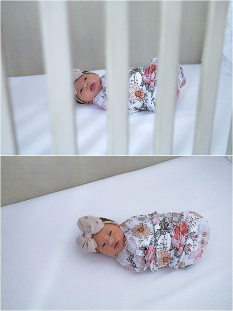 Kimberly Martindale Photography, In-Home Lifestyle Newborn Session, Nashville TN, Floral Swaddle, Taupe head-bow, baby, newborn photography, welcome home, family with dogs, Gallatin TN Photographer, Nashville TN Photographer, nursery, crib