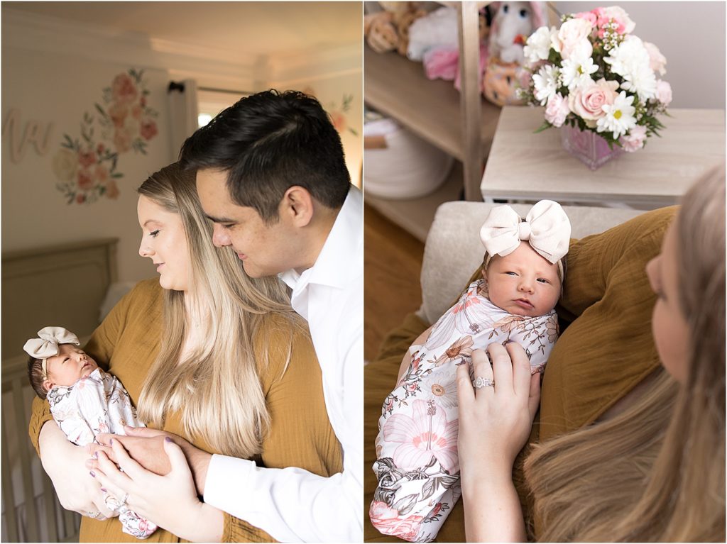 Kimberly Martindale Photography, In-Home Lifestyle Newborn Session, Nashville TN, Floral Swaddle, Taupe head-bow, baby, newborn photography, welcome home, family with dogs, Gallatin TN Photographer, Nashville TN Photographer, nursery, crib, floral arrangement